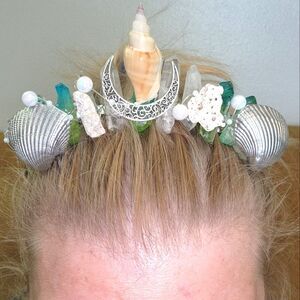Mermaid Crown Green/White Crystal Quarts, Coral, Pearls, Shell, & Silver Moon!